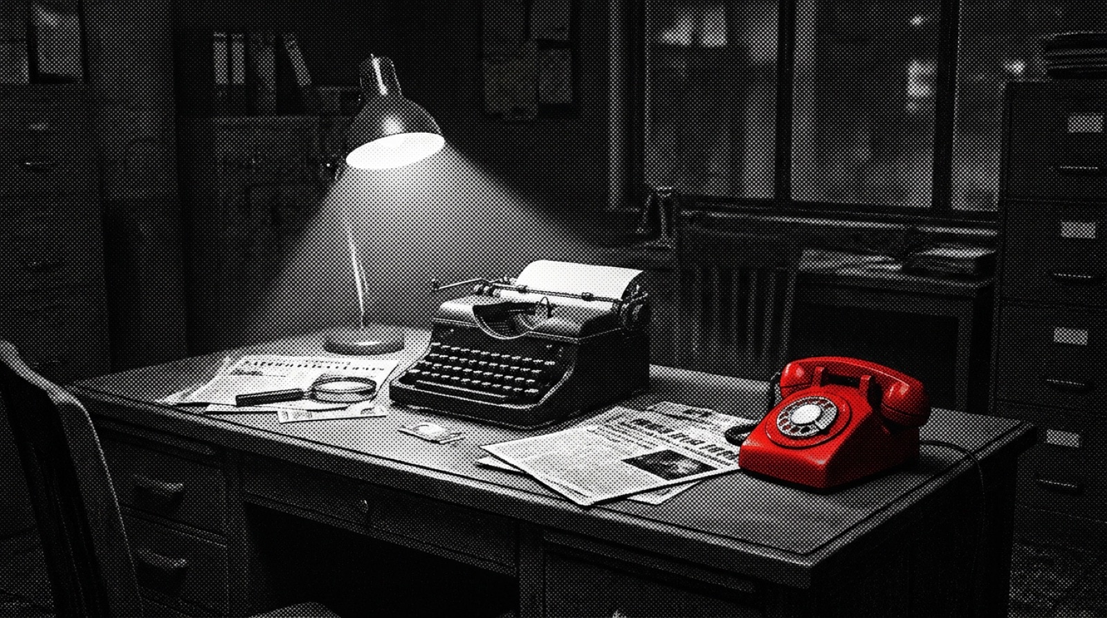 A noir newsroom desk with typewriter, magnifying glass and clippings